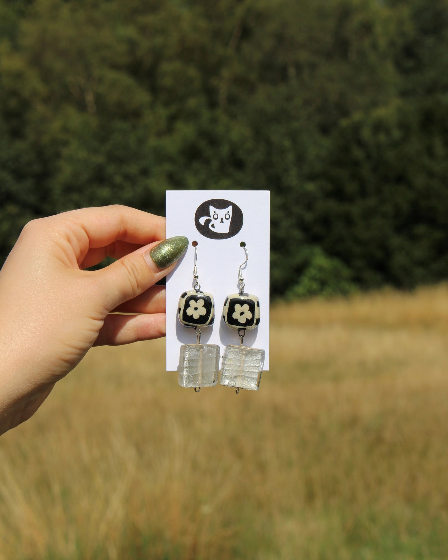 Silver Stripy Flower Earrings