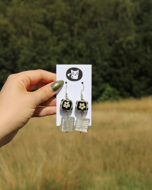 Silver Stripy Flower Earrings